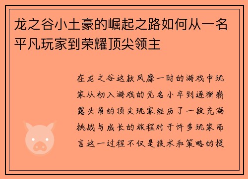 龙之谷小土豪的崛起之路如何从一名平凡玩家到荣耀顶尖领主