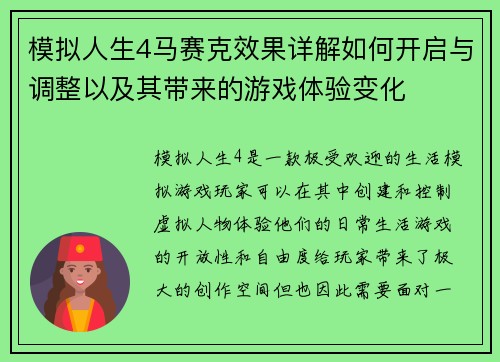 模拟人生4马赛克效果详解如何开启与调整以及其带来的游戏体验变化
